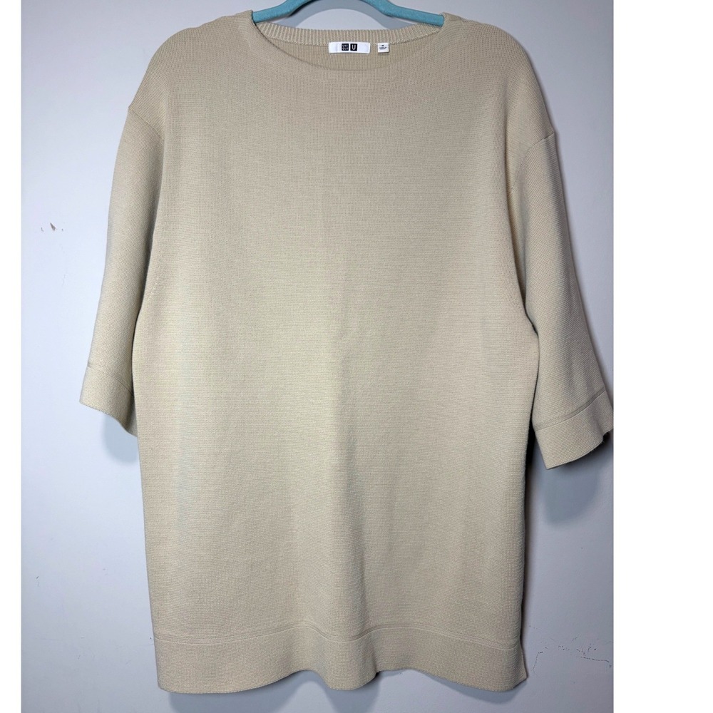 Uniqlo U Womens Beige Milano Rib Short Sleeve Knit Sweater Size M 426089